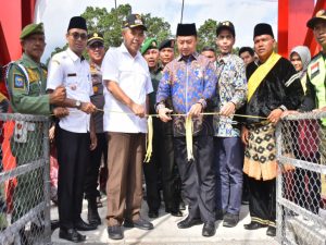 Jembatan Gantung Dua Suku Diresmikan, Masyarakat Buluh Cina Sembelih Dua Ekor Kerbau